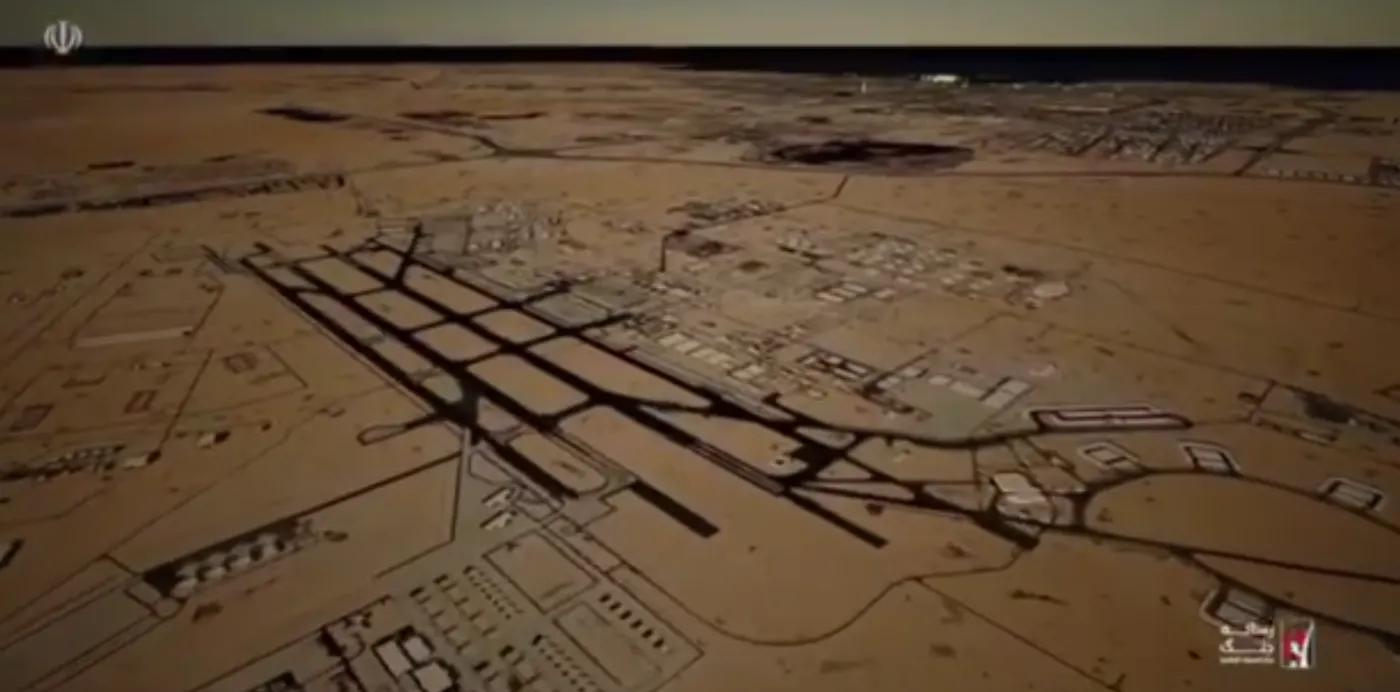 Kadr z Irańskiej TV prezentującej plany amerykańskiej bazy lotniczej w Katarze.