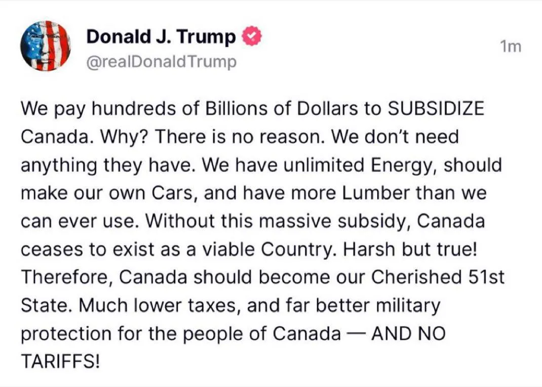 Już od początku swej drugiej kadencji Trump sugerował przyłączenie Kanady do USA.