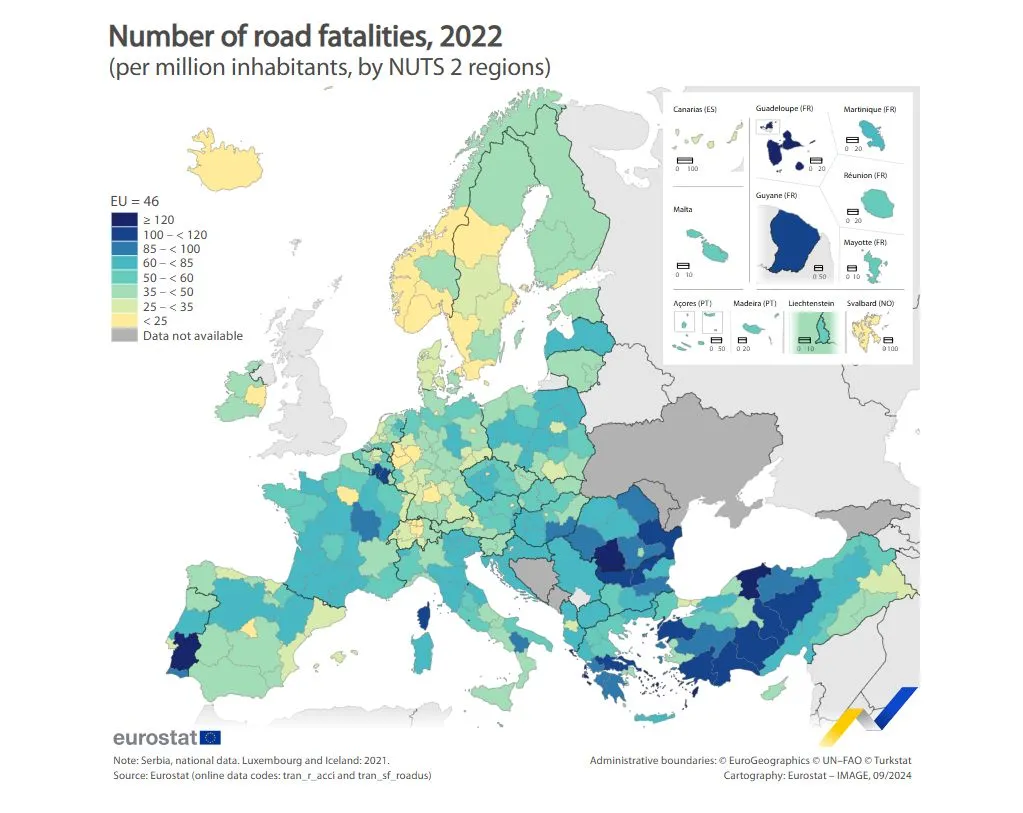 Liczba ofiar śmiertelnych na drogach na milion mieszkańców w regionach UE w 2022 r.