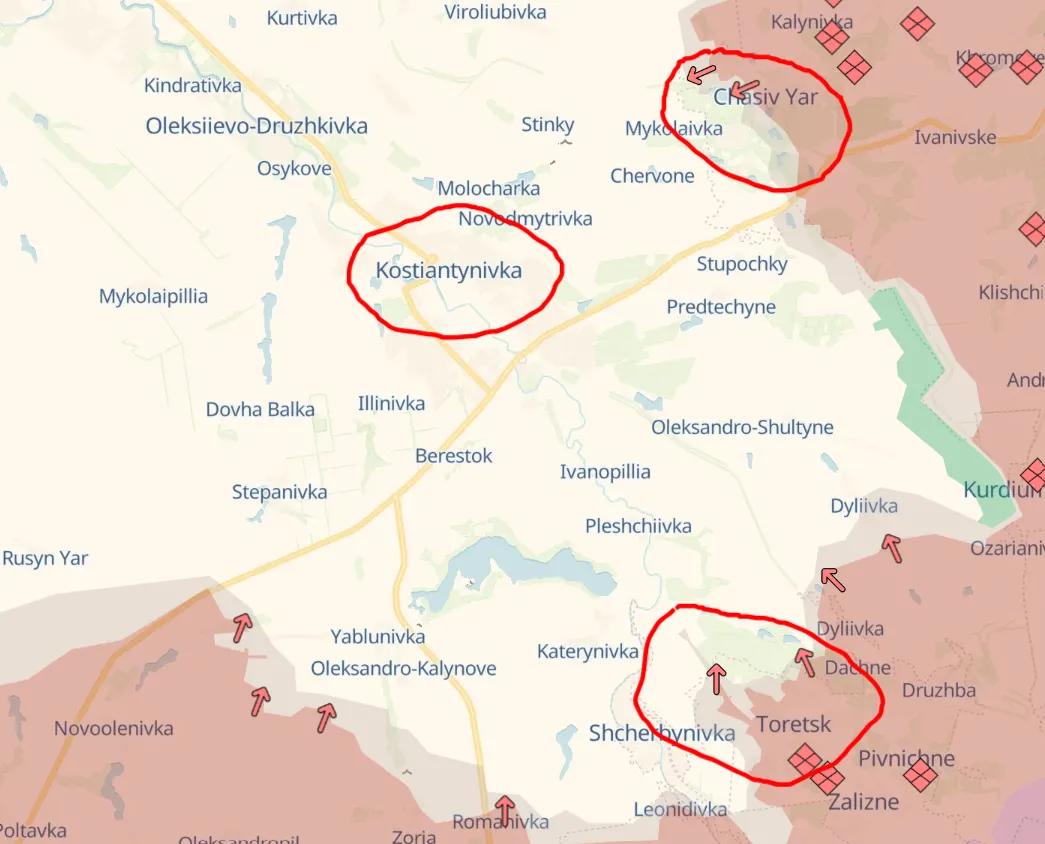 Mapa DeepState z zaznaczonymi miejscami o których mowa w analizie dziennikarza Bild