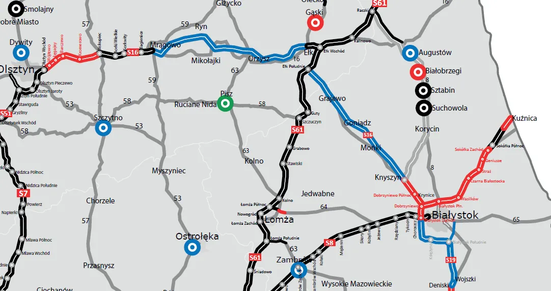 Mapa budowy dróg z widocznym odcinkiem S16