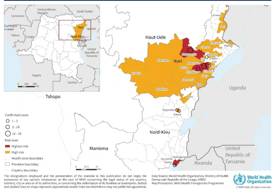 Mapa ryzyka stref zdrowia w Demokratycznej Republice Konga na dzień 21 maja 2026 r.