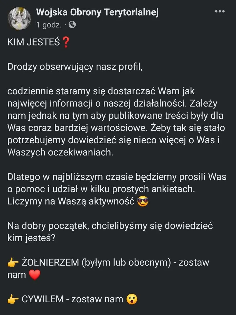 Post umieszczony na profilu Wojsk Obrony Terytorialnej na Facebooku w kwietniu 2024 roku.