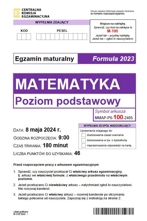 Matura 2024. Arkusz CKE z matematyki – wersja A - poziom podstawowy. Formuła 2023 (pierwsza strona)