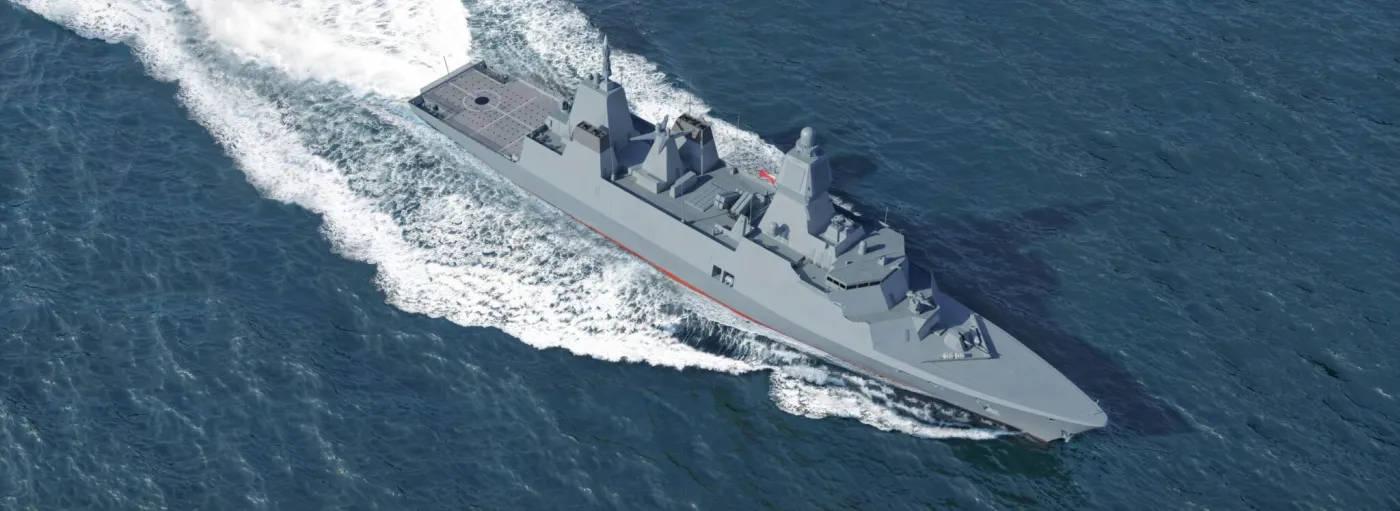 Grafika prezentująca fregatę wielozadaniową typu Miecznik. Polska zakupiła trzy takie okręty.