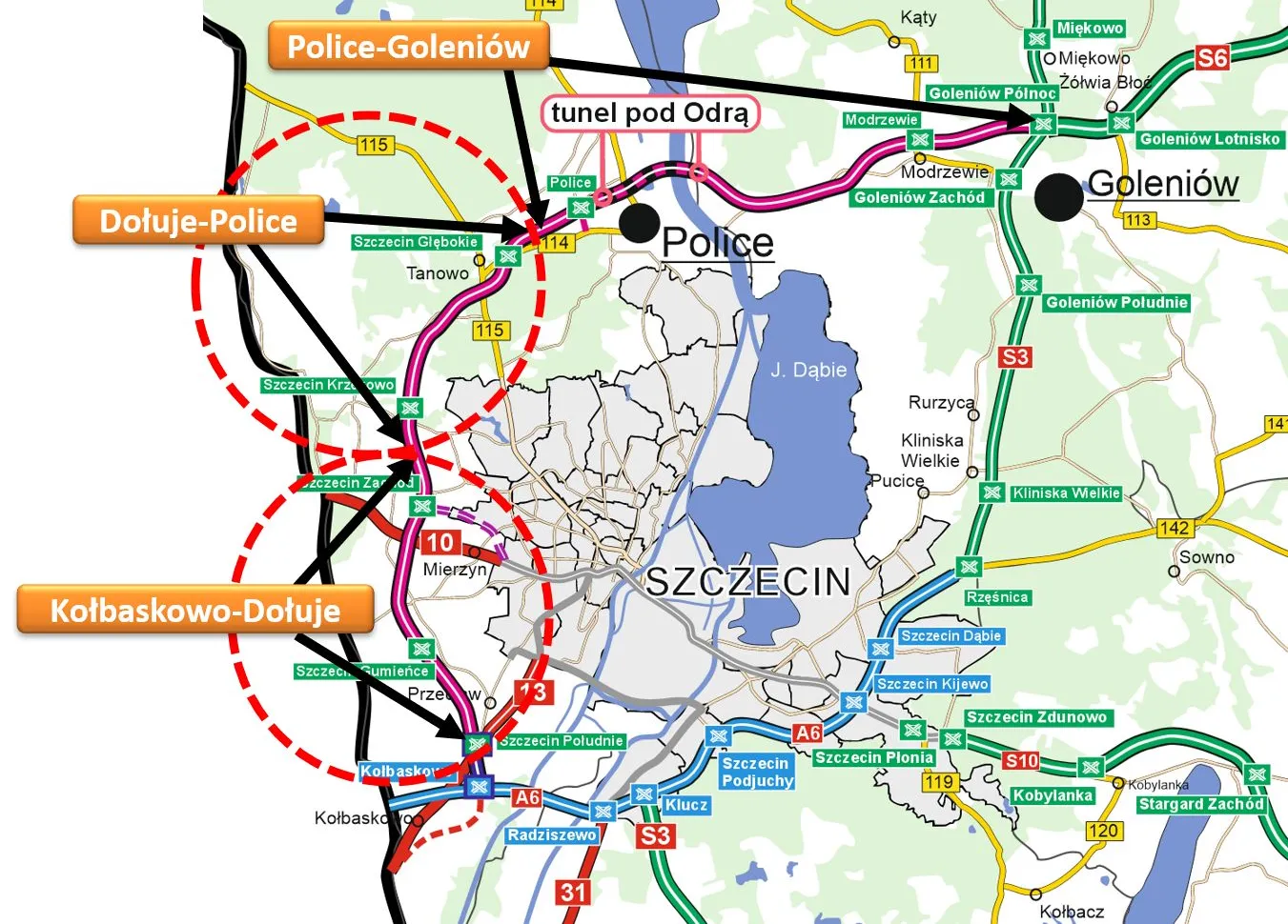 Mapa Zachodniej Obwodnicy Szczecina w ciągu S6 z zaznaczeniem odcinków, dla których znamy ofert