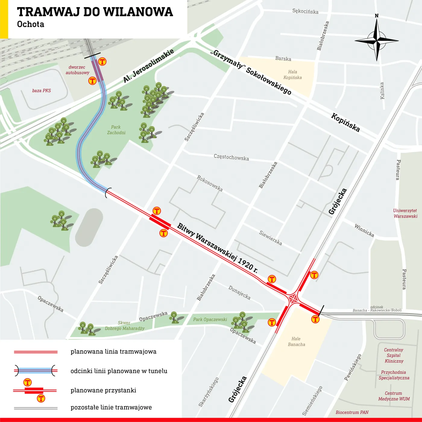 Mapa trasy linii tramwajowej od ul Grójeckiej do Dworca Zachodniego; Źródło Tramwaje Warszawskie