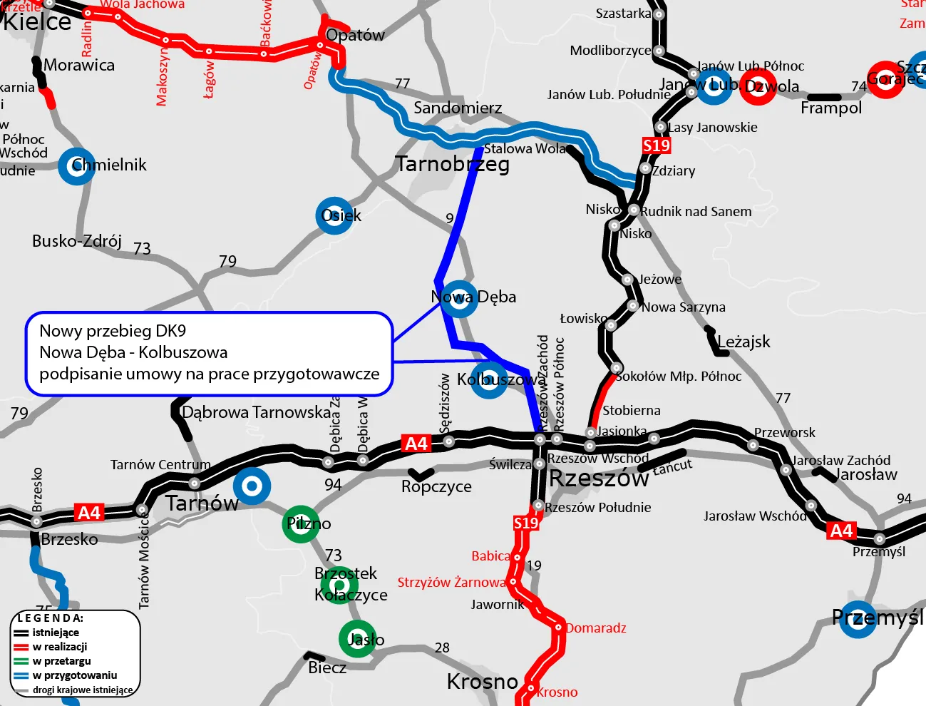 Nowe trasa DK9 pomiędzy Tarnobrzegiem a Rzeszowem, odcinek łączący obwodnice Nowej Dęby i Kolbuszowej