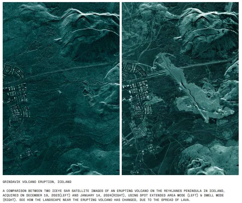 Satelity SAR mogą służyć także do oceny skali kataklizmów naturalnych. Na zdjęciu skutki erupcji wulkanu na Islandii.