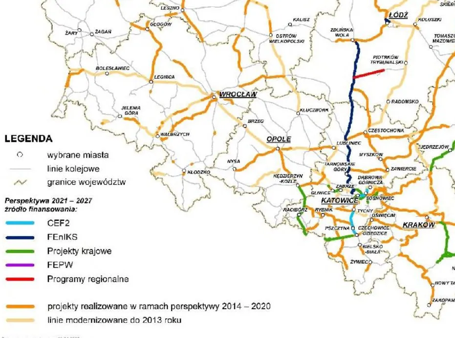 Inwestycje infrastrukturalne zawarte w Programie realizowane w perspektywie 2021-2027 (poł-zachód) źródło PKP Polskie Linie Kolejowe