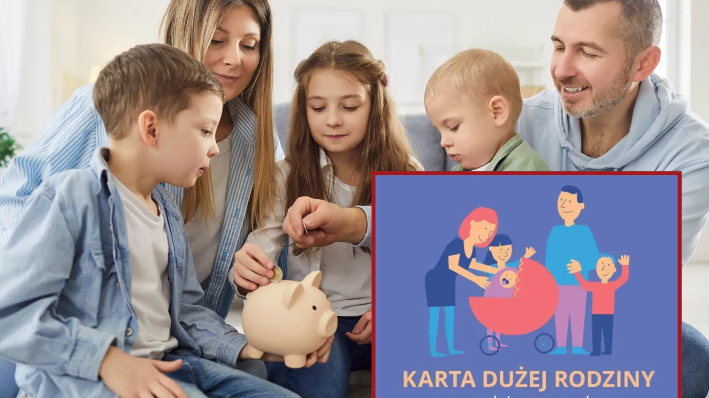 Rodzina z dziećmi, obok w ramce karta dużej rodziny