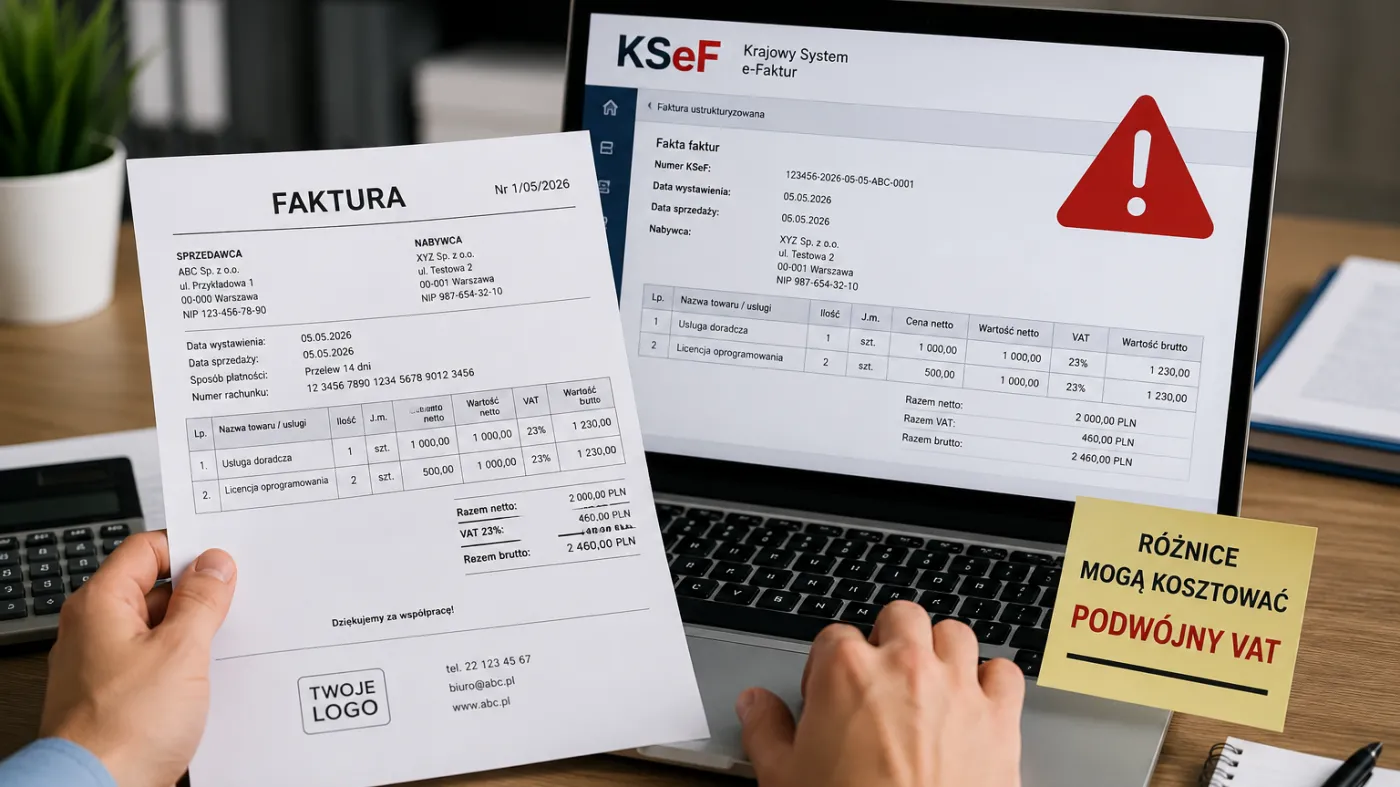 Porównanie papierowej faktury z wizualizacją faktury w systemie KSeF na ekranie laptopa, z ostrzeżeniem o ryzyku różnic i podwójnego VAT.
