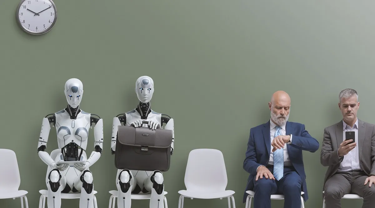 humanoidalne roboty siedzące na krzesłach obok ludzi