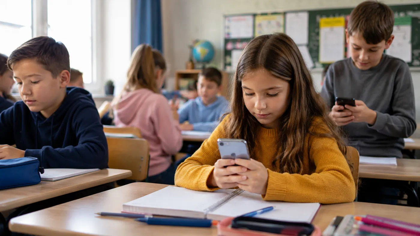 Dzieci w klasie szkoły podstawowej siedzą przy ławkach i trzymają w dłoniach telefony komórkowe. Na pierwszym planie dziewczynka patrzy w ekran smartfona, a w tle pozostali uczniowie korzystają z urządzeń podczas zajęć.
