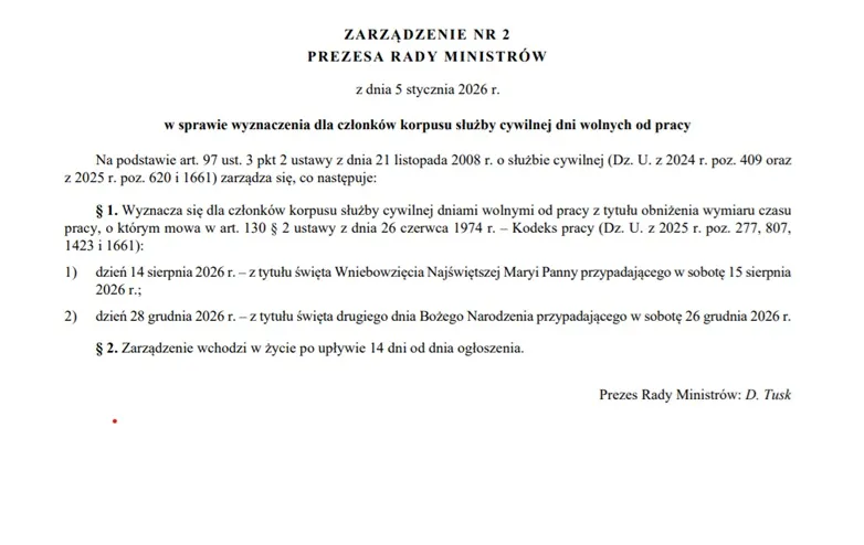 14 sierpnia wolne od pracy - zarządzenie Premiera