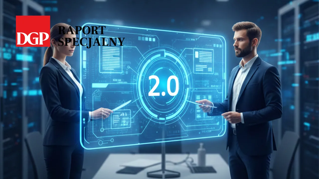 Grafika przedstawiająca dwie osoby przy holograficznym wyświetlaczu