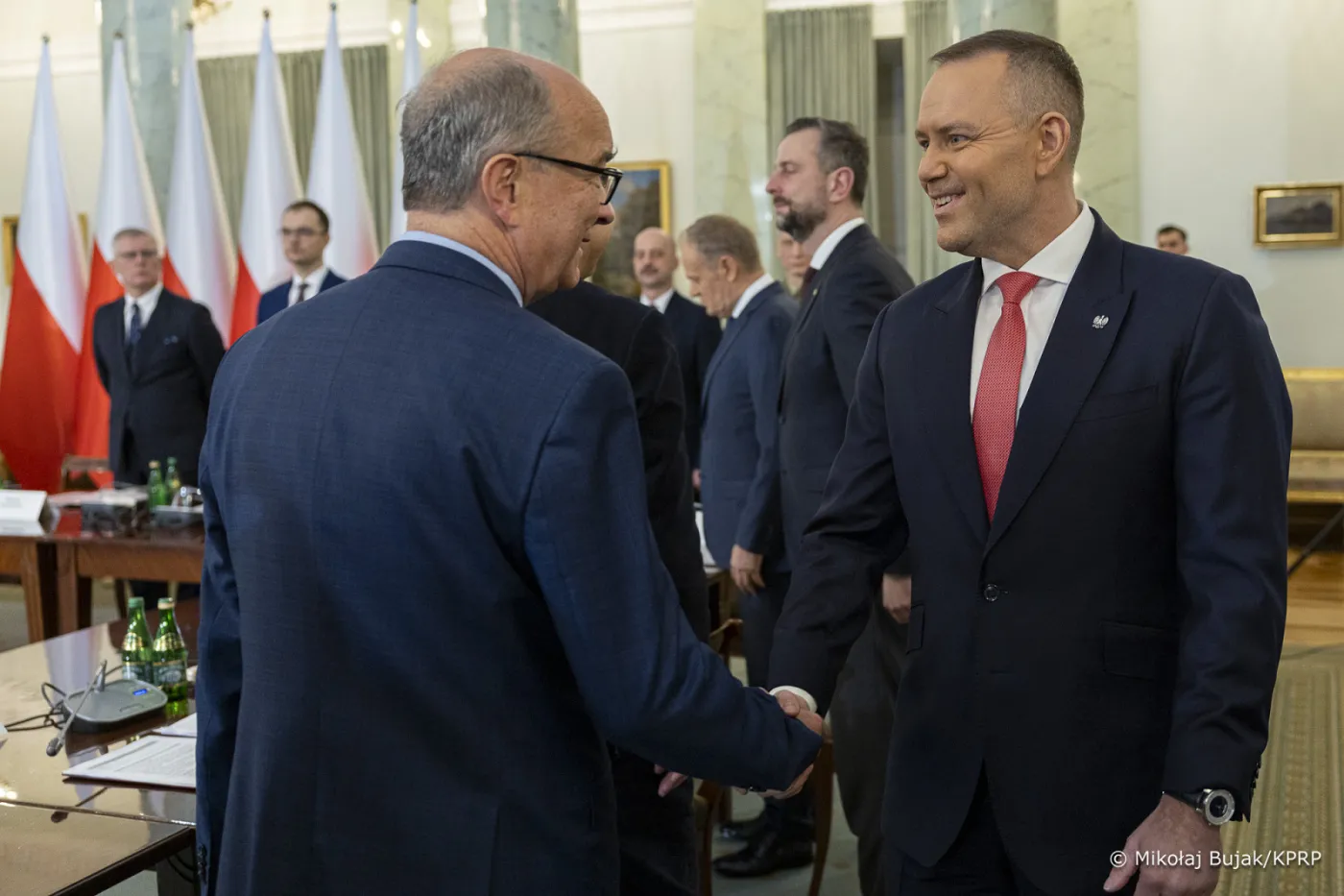 Marszałek sejmu Włodzimierz Czarzasty i prezydent Karol Nawrocki podczas posiedzenie Rady Bezpieczeństwa Narodowego, 11 lutego 2026 r.