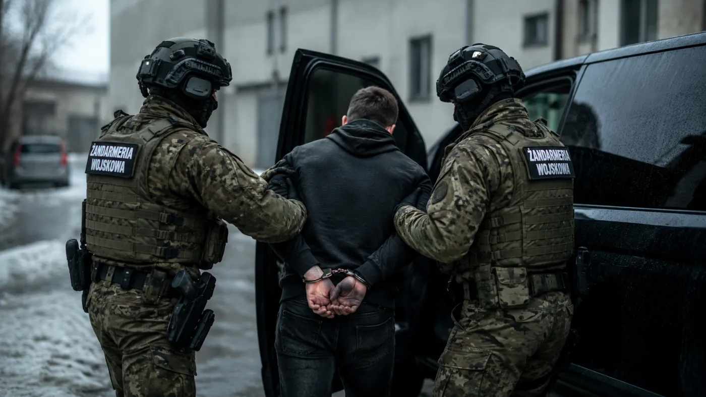 Żandarmi Wojskowi prowadzą zakutego w kajdanki mężczyznę do nieoznakowanego pojazdu podczas zatrzymania. Funkcjonariusze w umundurowaniu taktycznym eskortują podejrzanego na tle zabudowy miejskiej w pochmurny dzień.