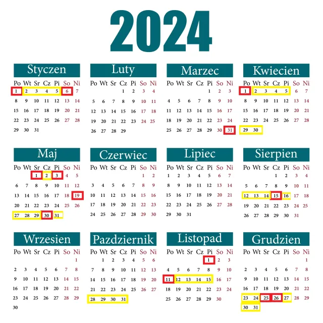 Dni wolne od pracy w 2024 roku [KALENDARZ — DŁUGIE WEEKENDY]