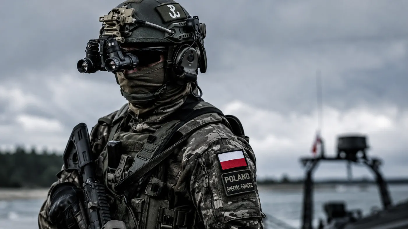 Zamaskowany żołnierz polskich wojsk specjalnych w pełnym wyposażeniu taktycznym podczas działań operacyjnych nad wodą.