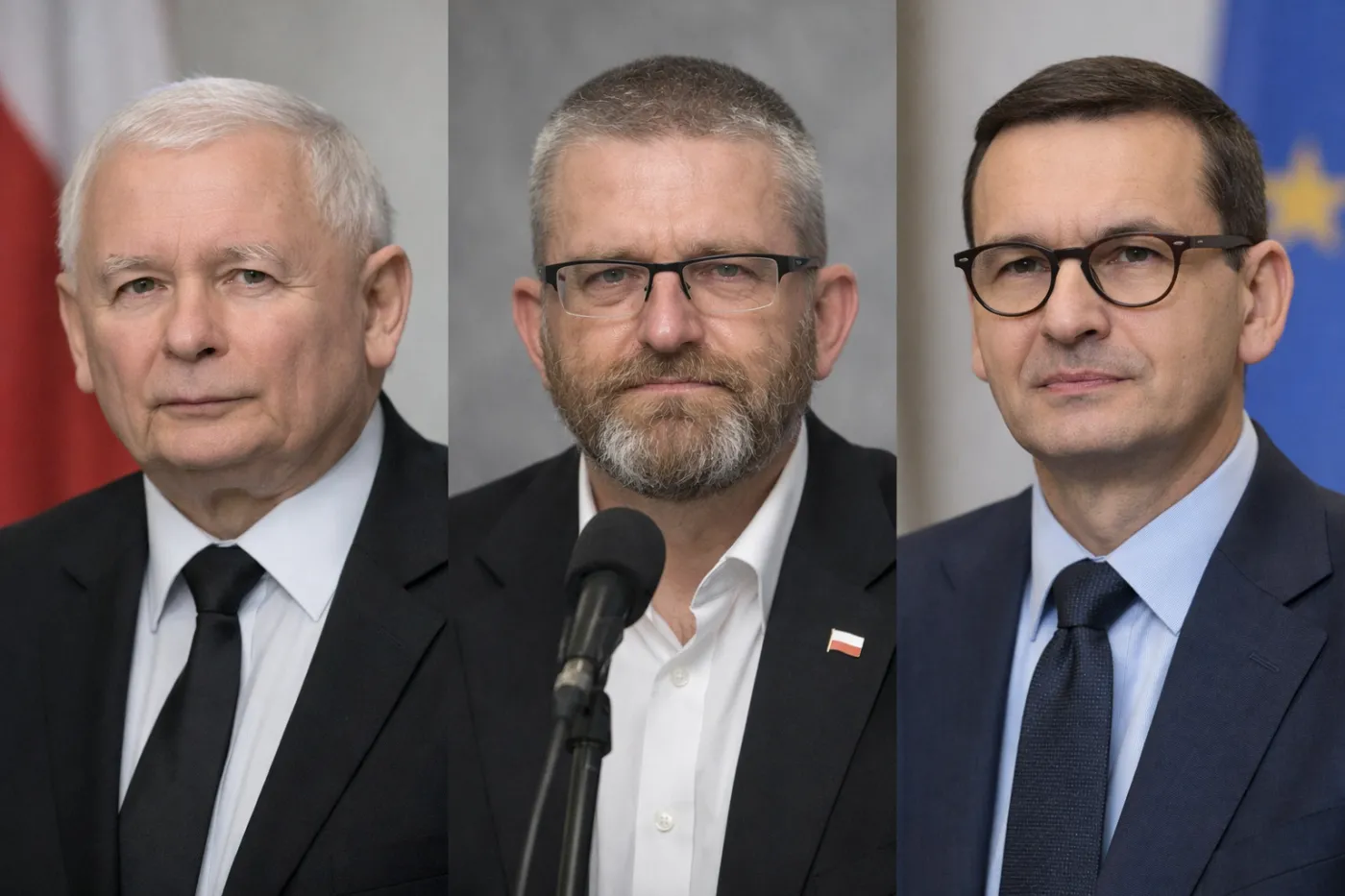 Jarosław Kaczyński, Grzegorz Braun, Mateusz Morawiecki, kolaż