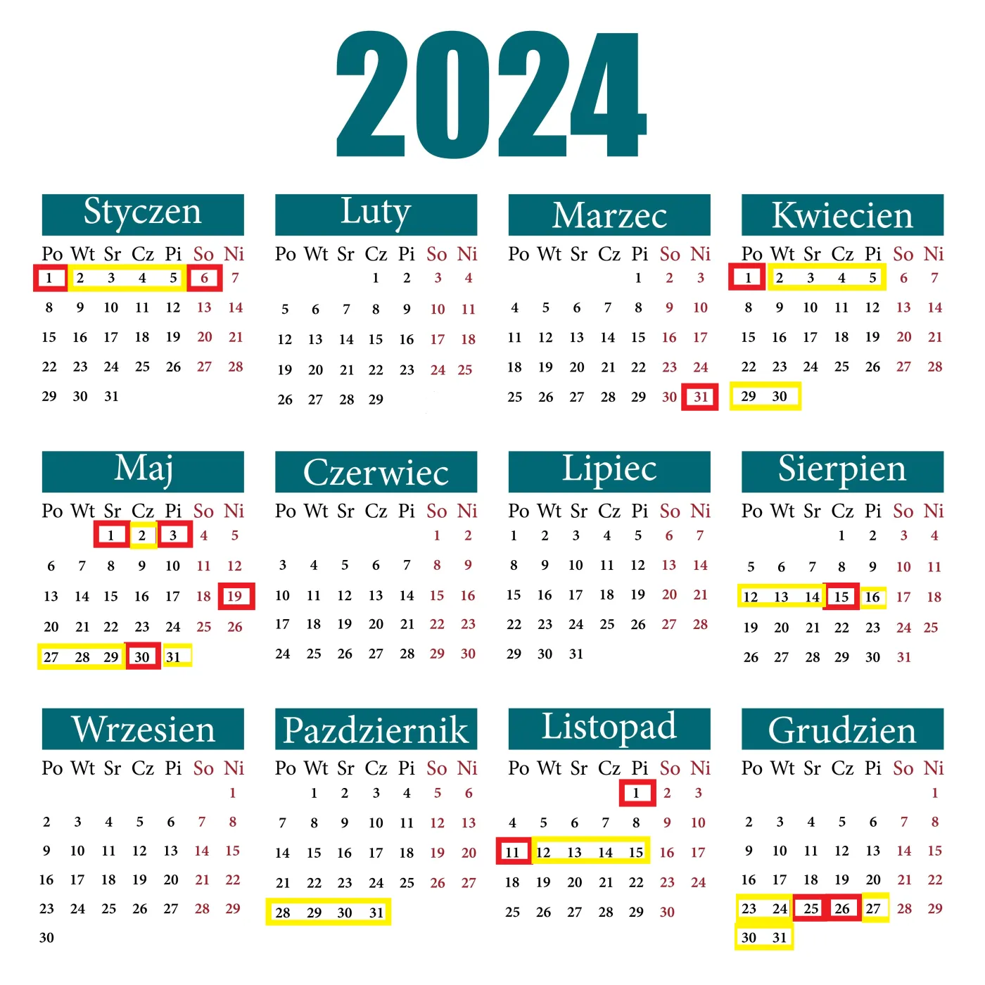 Kalendarz 2024 - długie weekendy, oprac. TJ, źródło Shutterstock