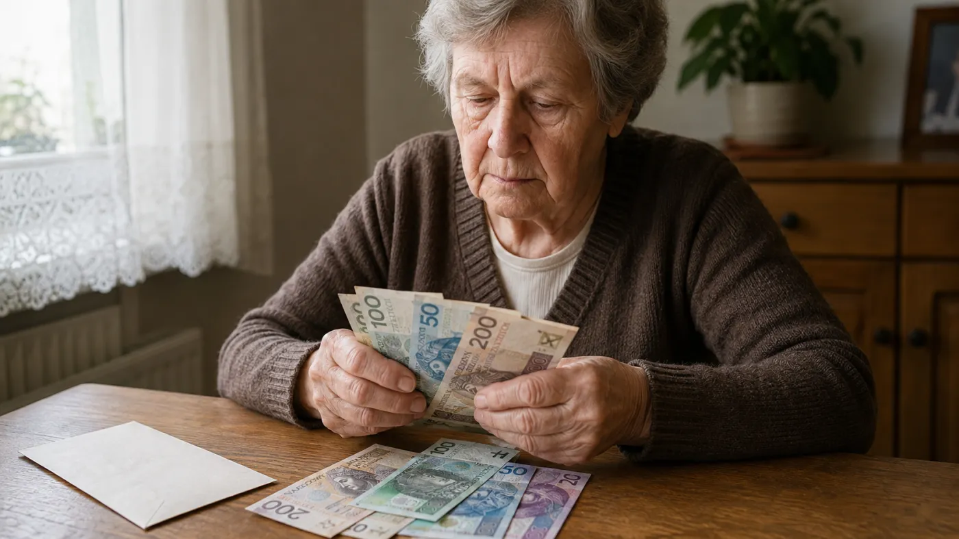Seniorka liczy pieniądze przy stole, wizualizacja AI