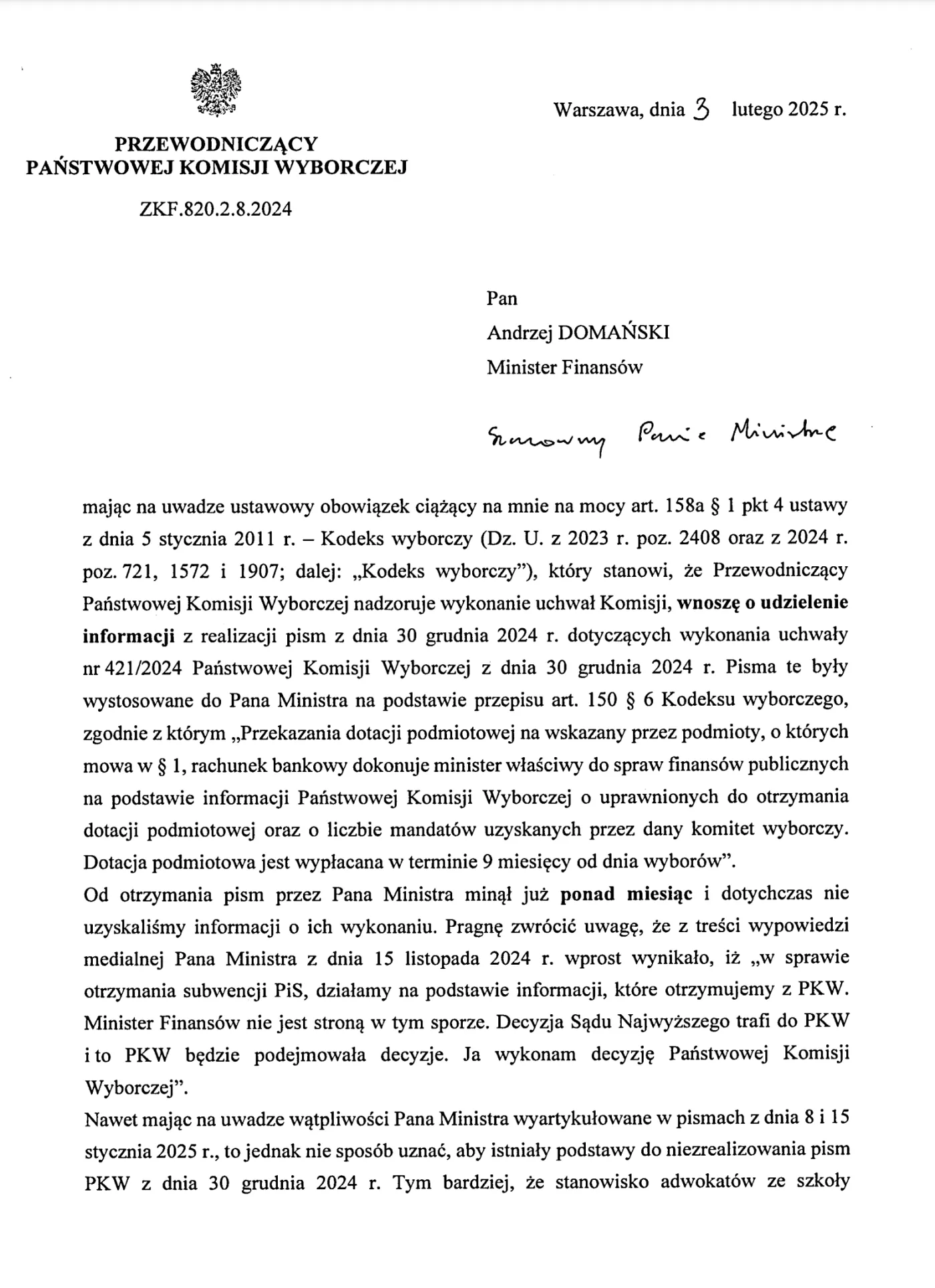 Pismo przewodniczącego PKW Sylwestra Marciniaka do ministra finansów Andrzeja Domańskiego (strona nr 1)