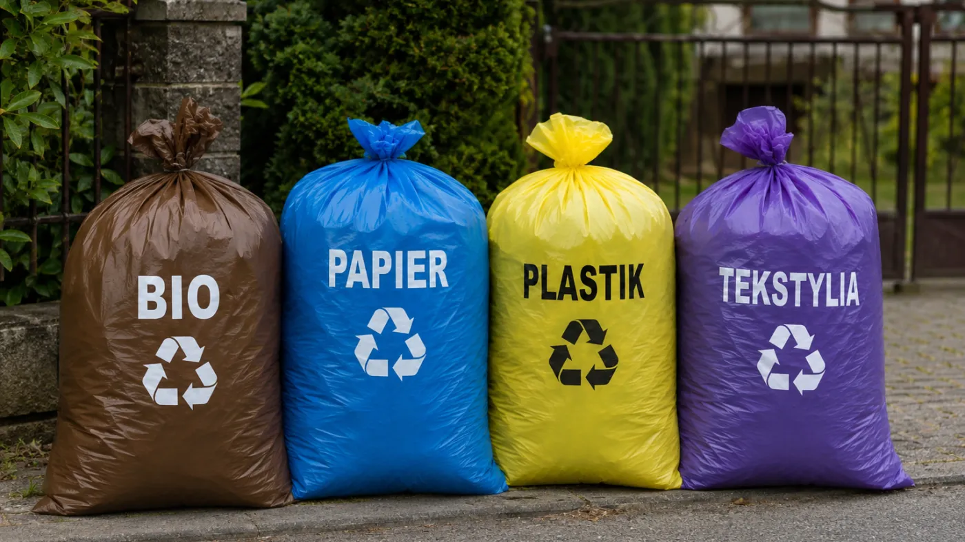 Kolorowe worki do segregacji odpadów ustawione przed posesją, w tym fioletowy worek na tekstylia oraz worki na bioodpady, papier i plastik.