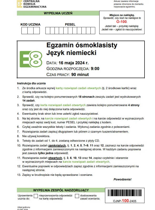 Egzamin ósmoklasisty 2024. Arkusze z języków obcych nowożytnych. Niemiecki