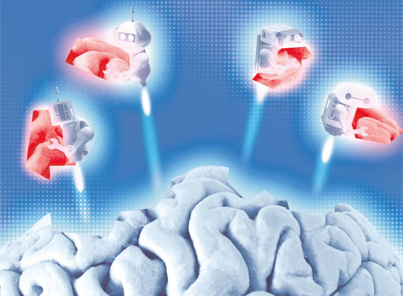 Grafika przedstawiające mózg i małe roboty