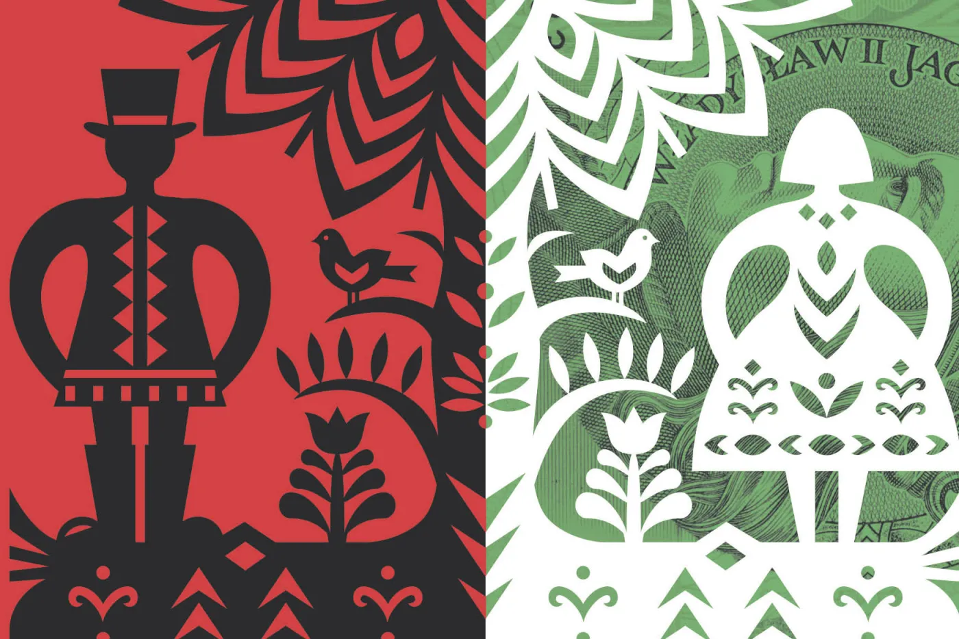 Grafika przedstawiająca grafiki kurpowskie, na jednej połowie czarne symbole, w tym mężczyny na czerwonym tle, druga połowa to białe symbole z kobietą na zielonym tle.