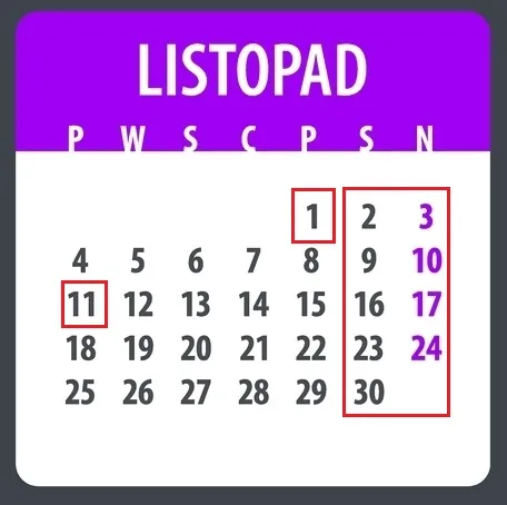 listopad 2024 dni wolne godziny pracy