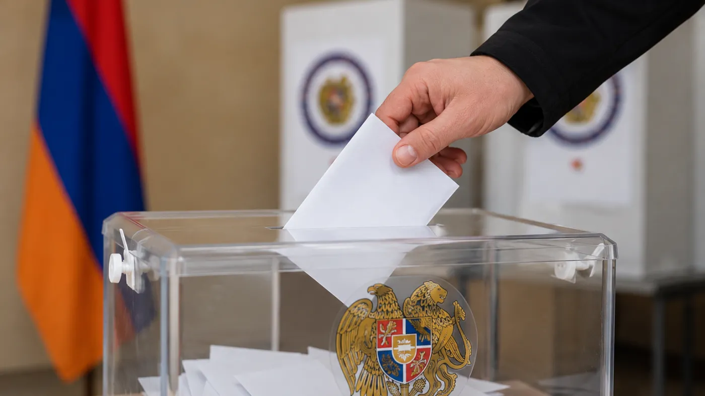 Zbliżenie na dłoń wrzucającą kartę do przezroczystej urny wyborczej podczas głosowania. W tle widoczna flaga Armenii oraz kabiny wyborcze. Zdjęcie poglądowe ilustrujące wybory parlamentarne w Armenii i proces oddawania głosów.