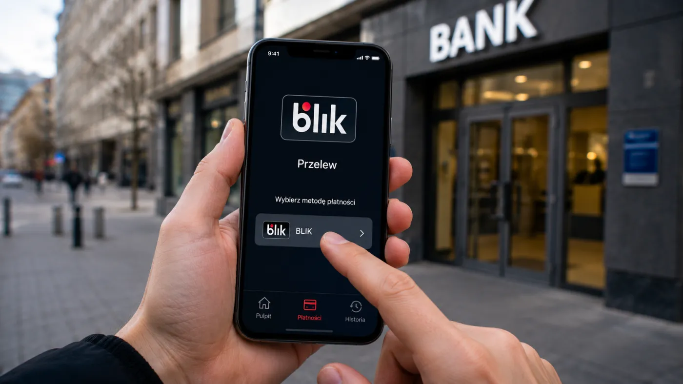 Dłoń trzymająca smartfon z włączonym przelewem BLIK na tle ulicy i wejścia do banku. Wizualizacja AI