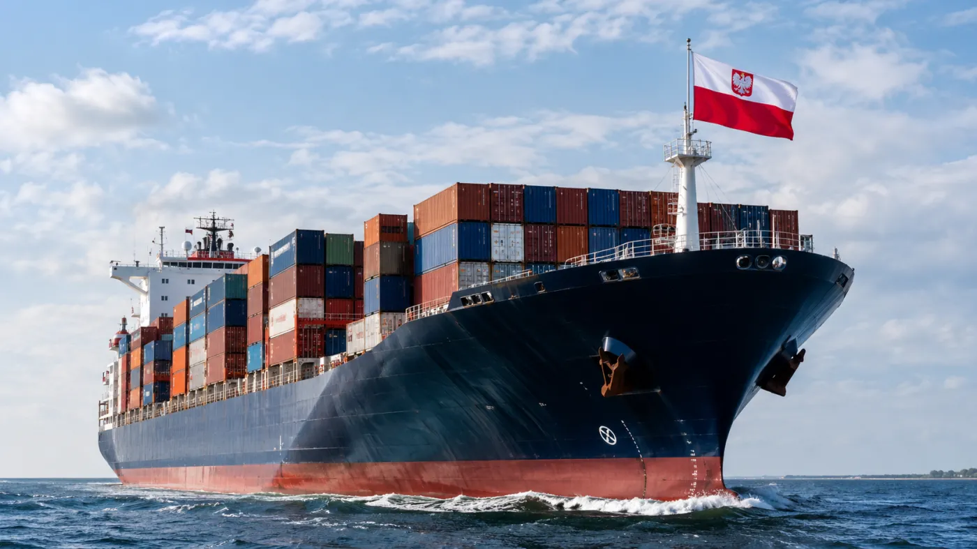 Kontenerowiec transoceaniczny pod polską banderą (wizualizacja opracowana za pomocą AI)