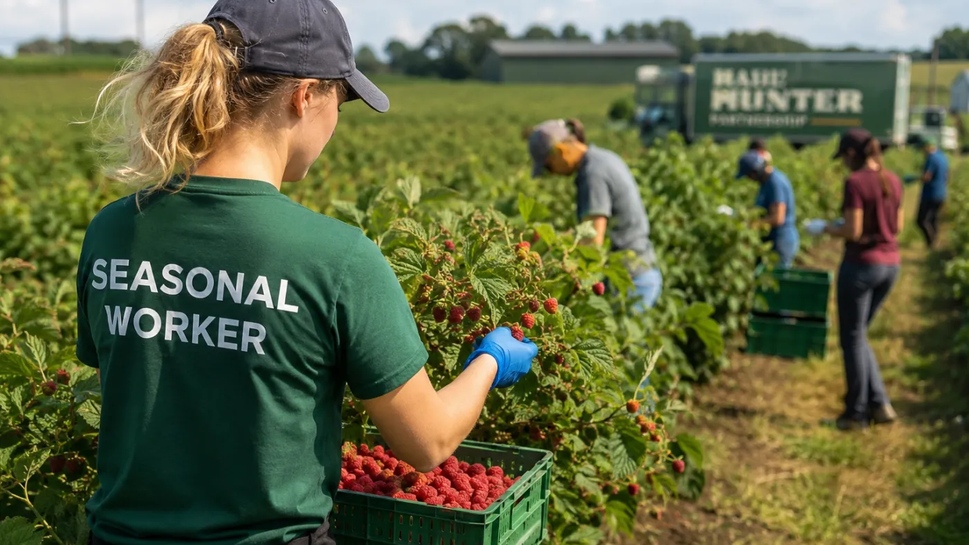 Pracownicy sezonowi zbierają maliny na plantacji w Wielkiej Brytanii. Na pierwszym planie kobieta wkłada owoce do zielonej skrzynki, a w tle widać kolejne osoby pracujące między rzędami krzewów. Zdjęcie przedstawia sezonową pracę przy zbiorach owoców w słoneczny letni dzień.