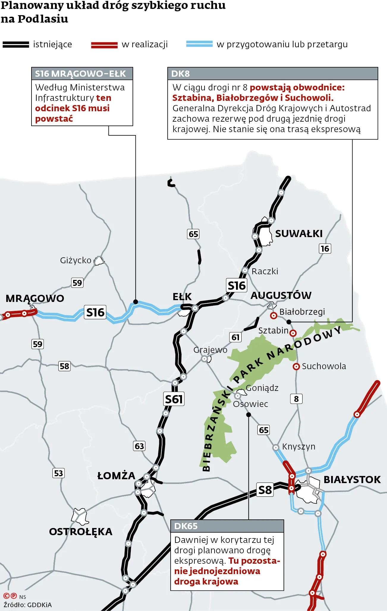 Planowany układ dróg szybkiego ruchu na Podlasiu