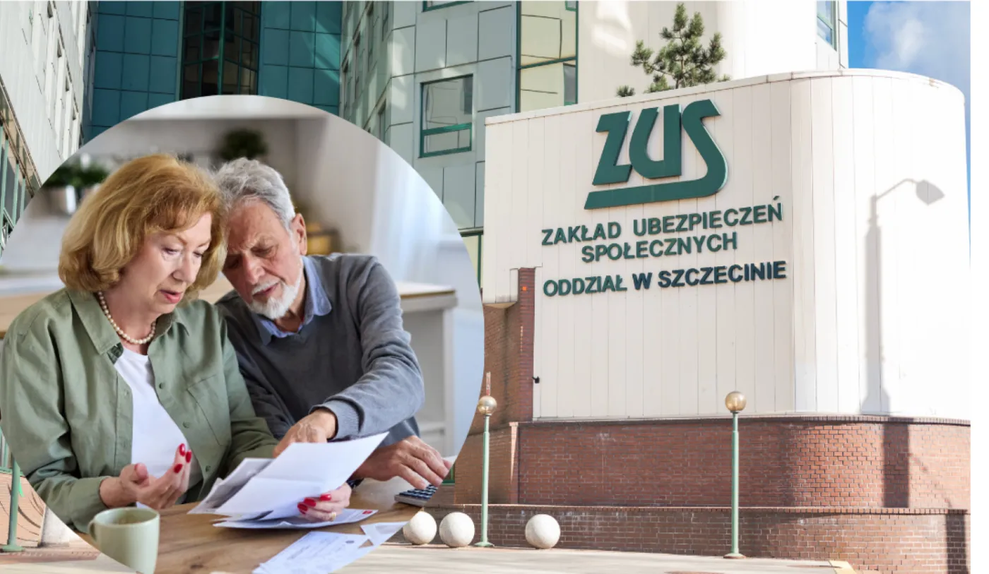 Budynek Zakładu Ubezpieczeń Społecznych (ZUS) z widocznym logo urzędu oraz para seniorów czytająca dokument
