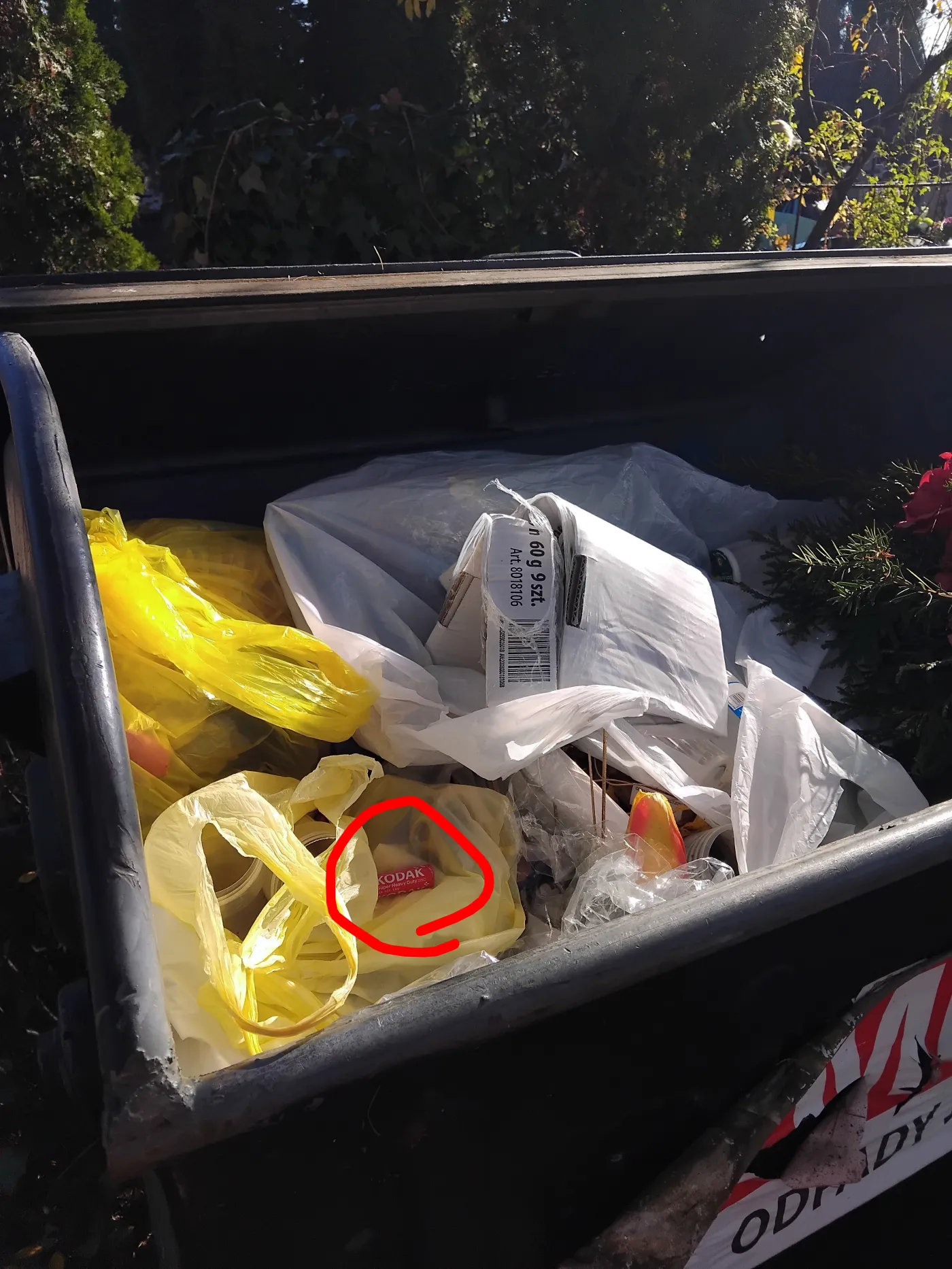 Pojemnik na odpady zmieszane na Cmentarzu Północnym w Warszawie, a w nim bateria