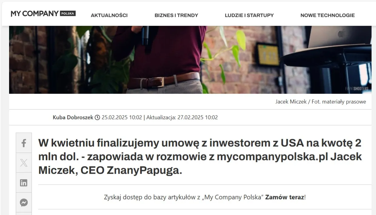 Fragment artykułu w serwisie My Company Polska o sukcesie Jacka Miczka
