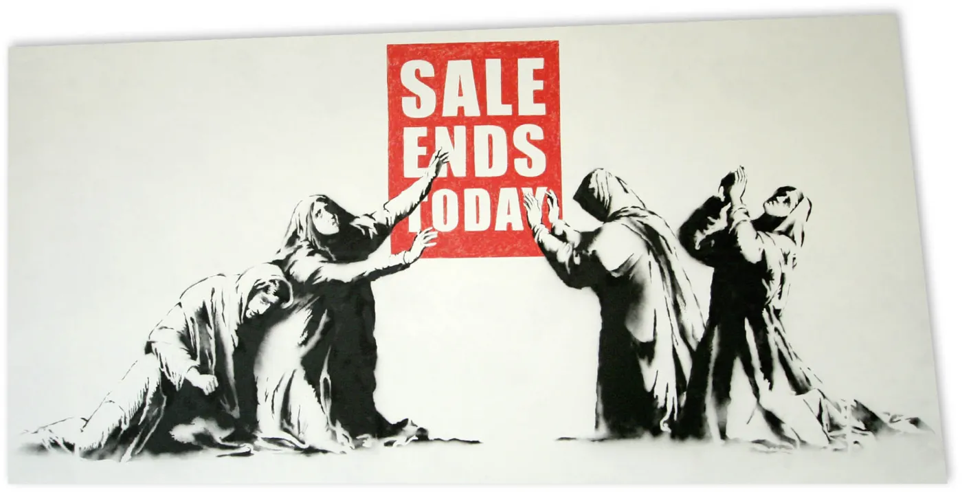 Praca Banksy’ego „Sale Ends” trafiła na wystawę „Barely Legal Art Show” w Los Angeles już w 2006 r.